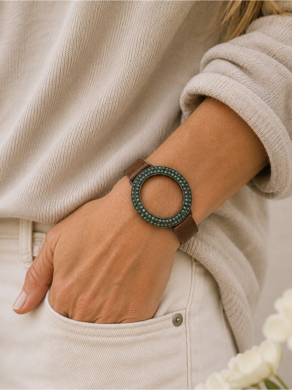 Vintage Boho Turquoise & Brown Leather Statement Cuff Bracelet